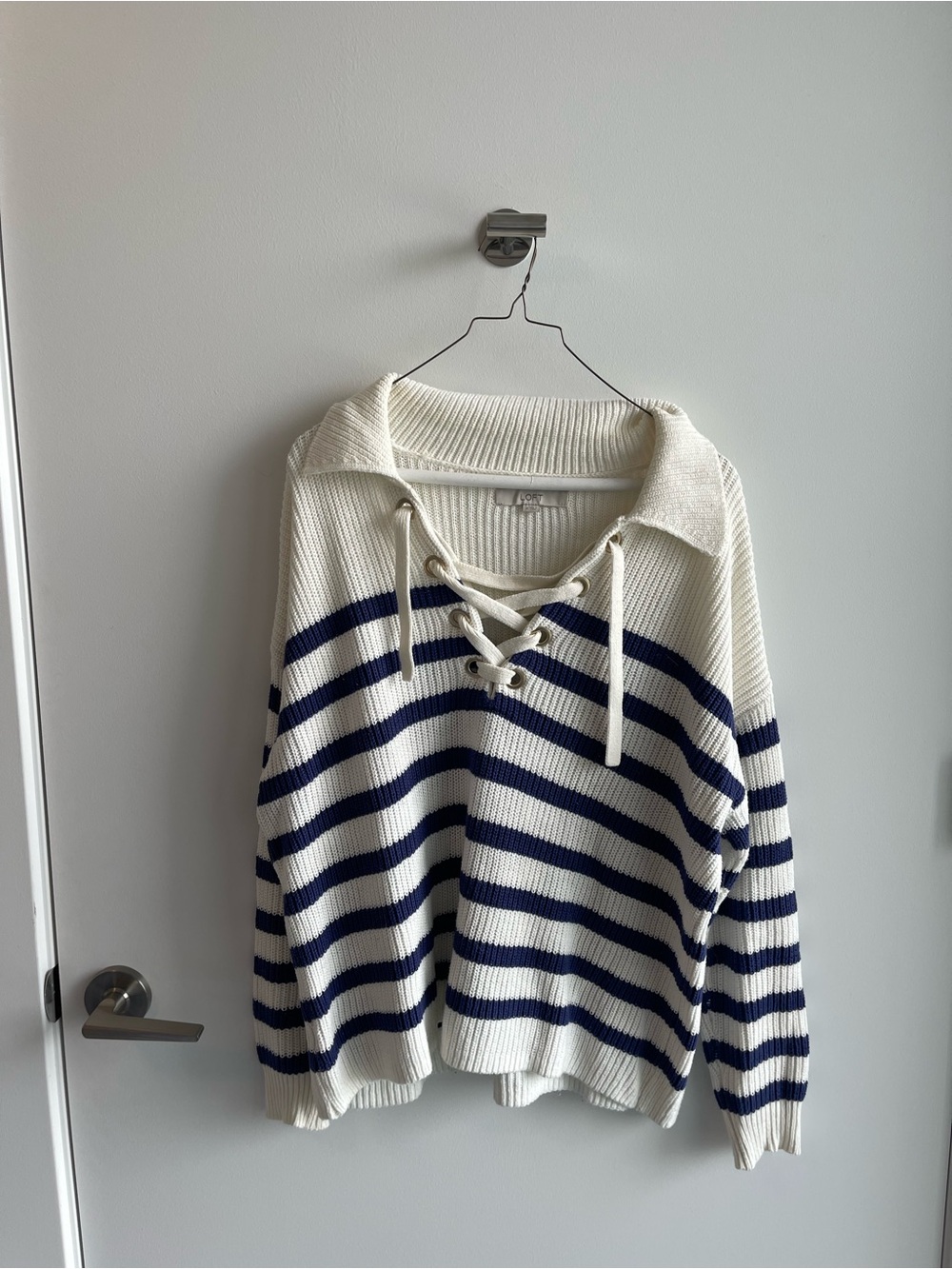 Loft Striped Lace-Up Collar Sweater - White & Navy